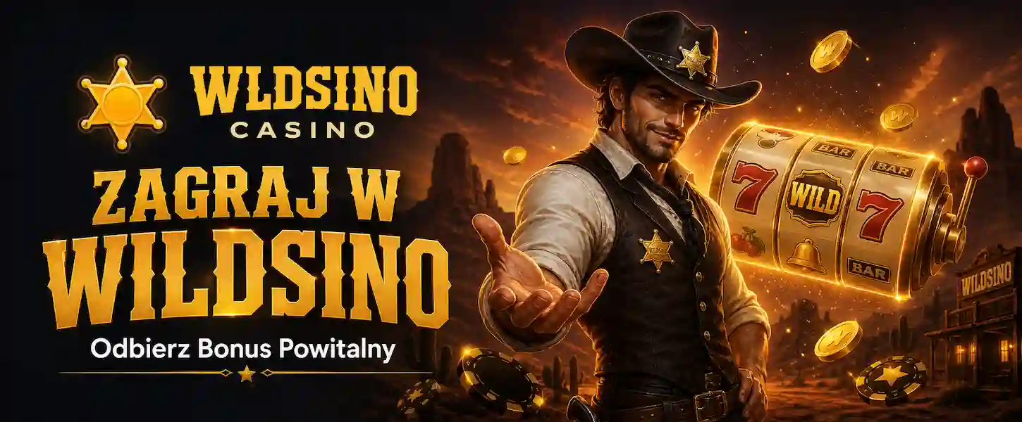 Promocyjny baner Wildsino Casino dla graczy z Polski z motywem Dzikiego Zachodu i bonusem powitalnym.