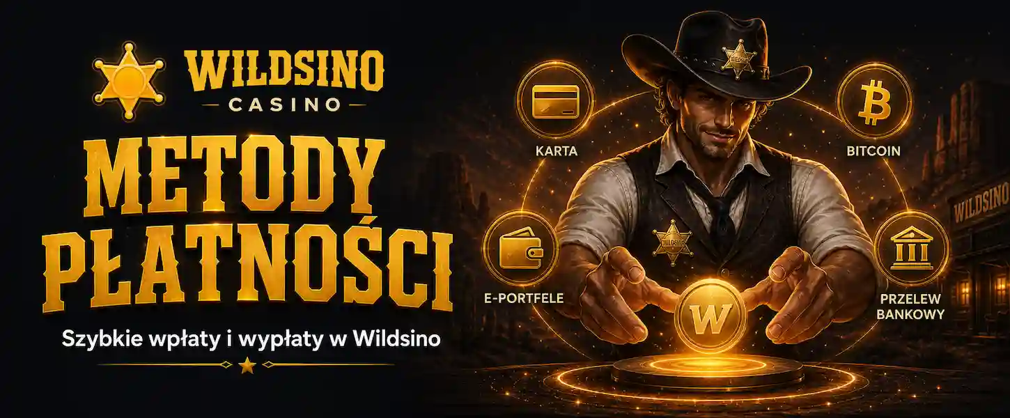 Ikony metod płatności Wildsino Casino – karta, kryptowaluty i e-portfele w złotej oprawie na ciemnym tle.