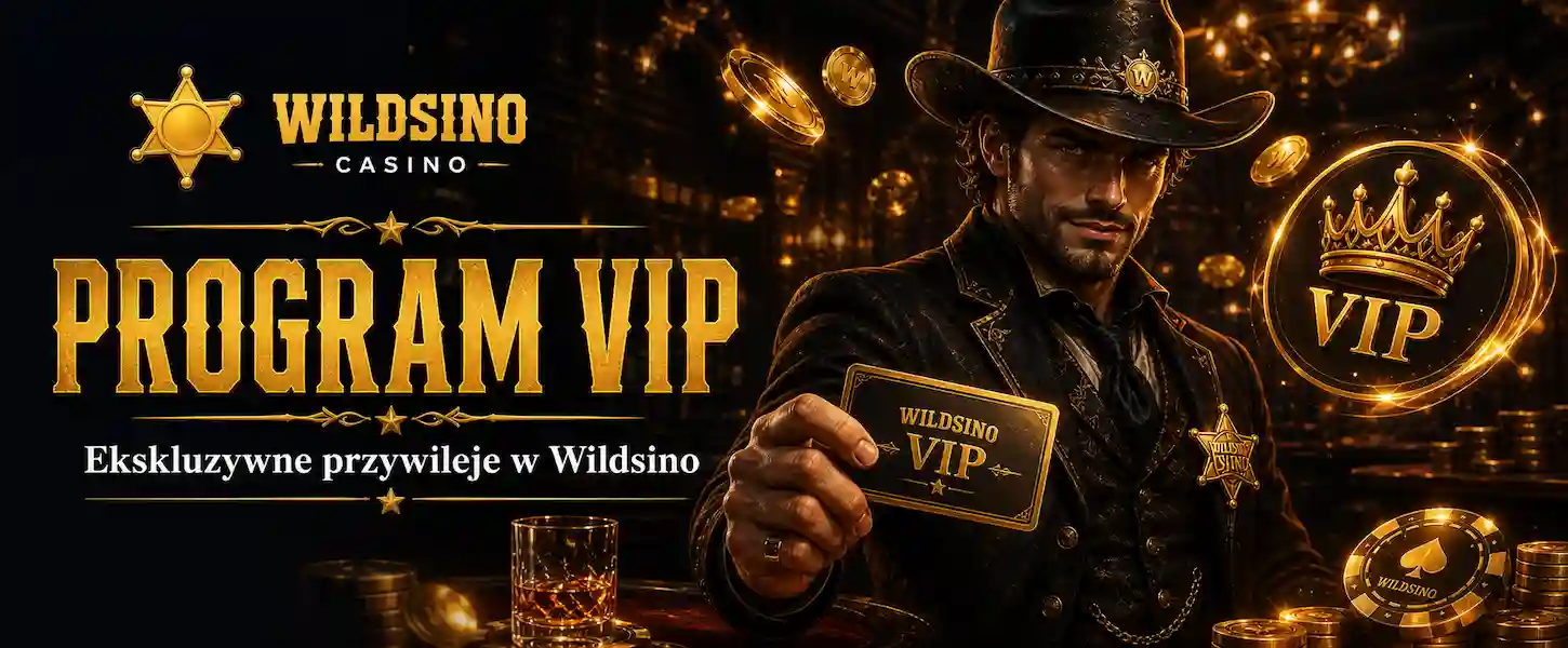 Elegancki klient VIP Wildsino Casino z złotą kartą lojalnościową i odznaką szeryfa w luksusowym sezonie.